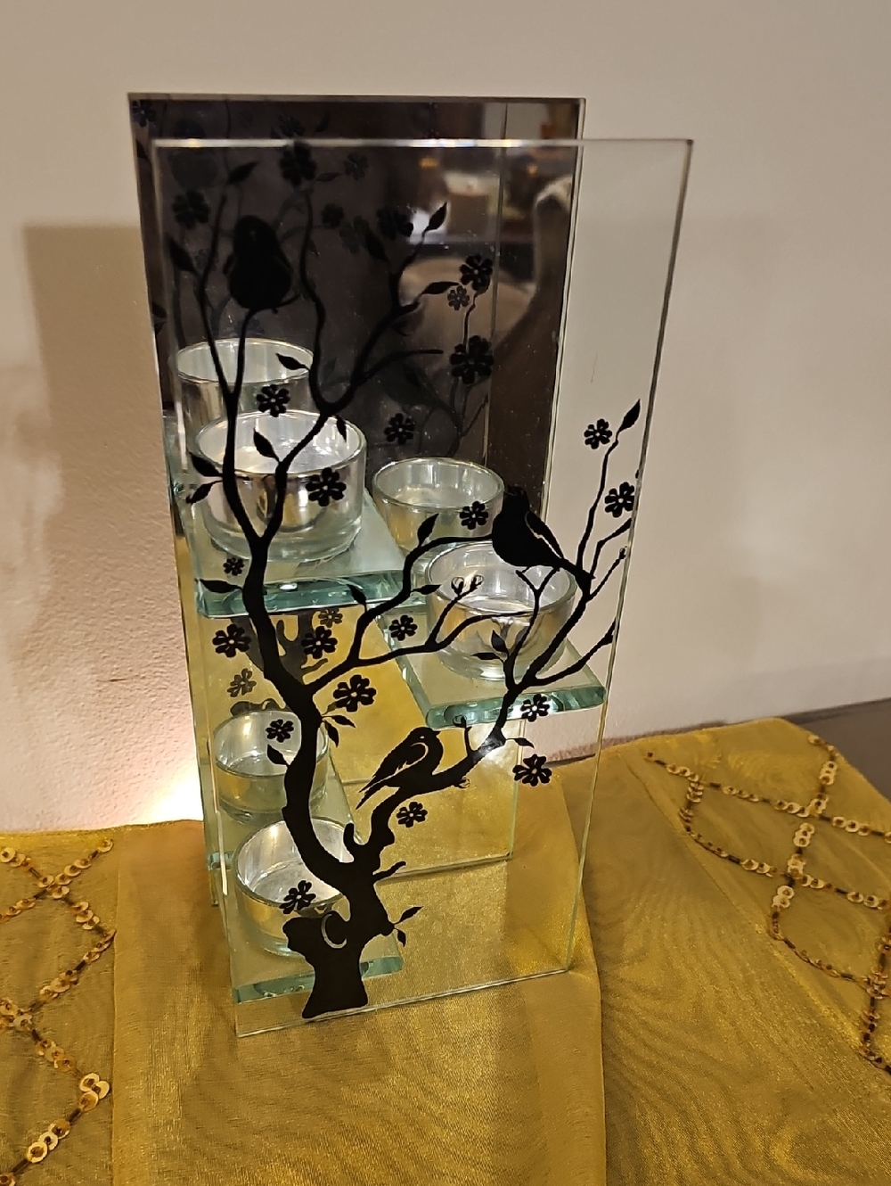 Glass Votive Holder with Black Bird & Branch Design - Clear/Black